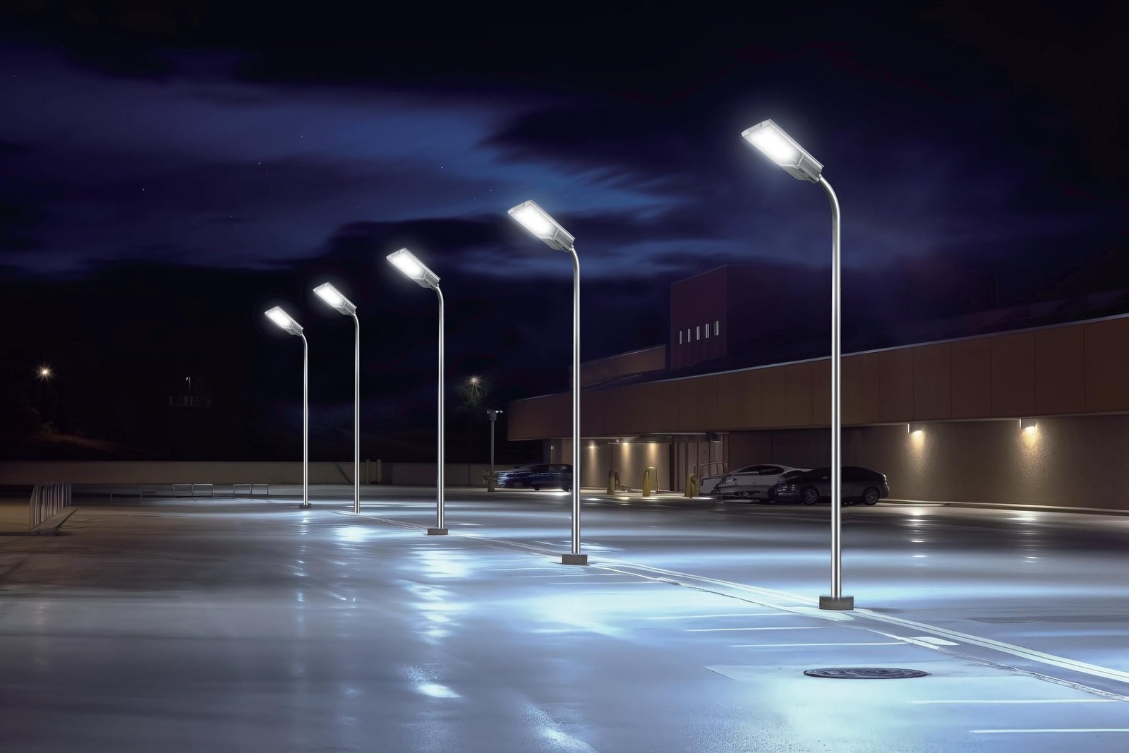 GOFA solar street lighting in a commercial car park at night